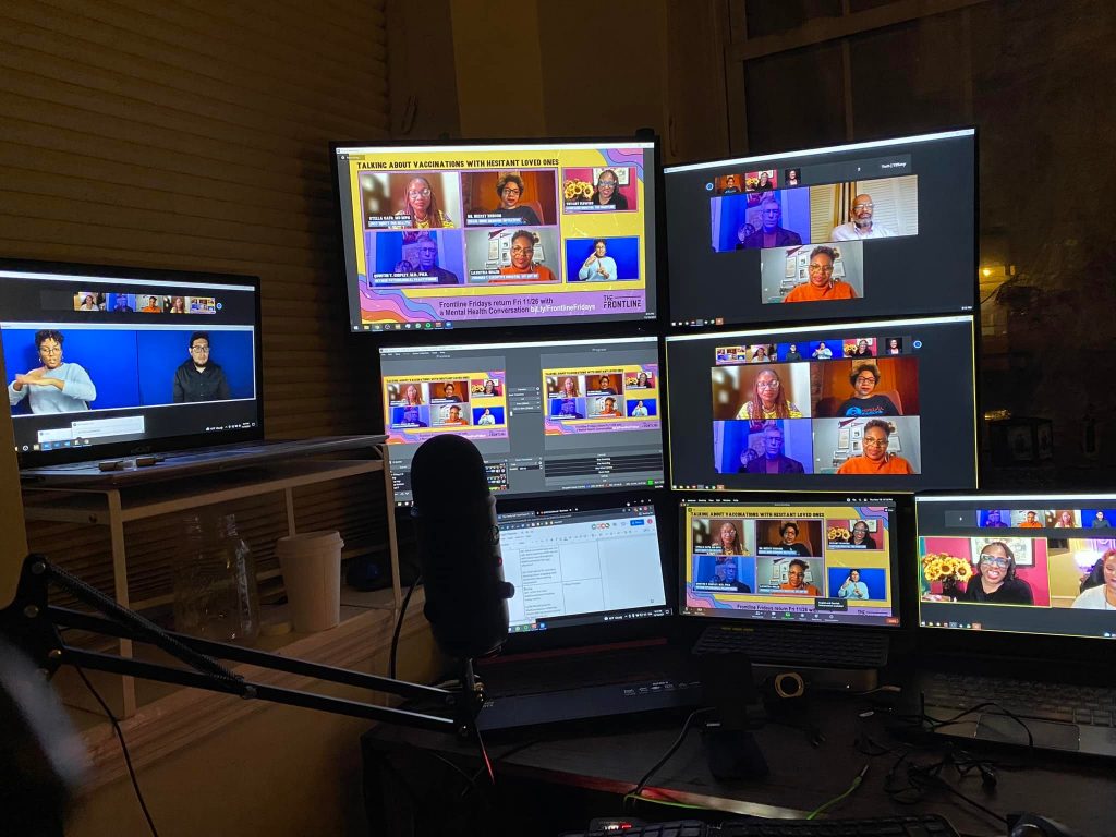 Image of six screens with various scenes of a livestream event